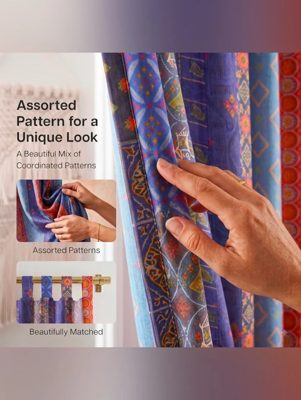 THE ART BOX Blue Silk Sari Curtains, Boho Patchwork, 42x84, 2 Panels Handmade